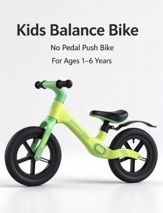 Kids Balance Bike – No-Pedal Training Bike for 1-6 Years, Adjustable Seat & Handlebar, EVA Foam Tires, Green