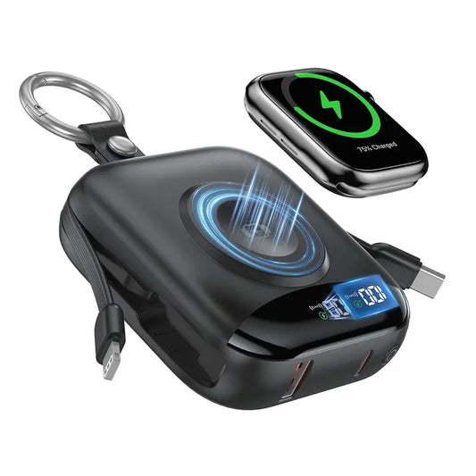 Cash on Delivery ✈ 10000 mAh Wireless Charging Portable USB Power Bank for Watches and Smartphones, Fast-Charging PD 20W with Dual Wires, LED Digital Display, 5 Outputs and Zinc Alloy Hanging Ring