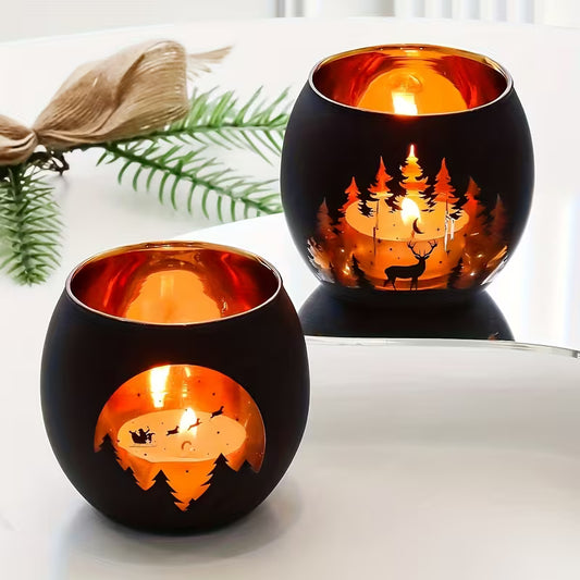 2Pairs Moonlit Forest Candle Holders – Black Glass, Santa Sleigh & Reindeer Design for Christmas Decor