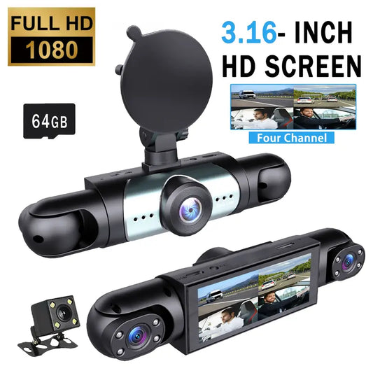 4 Channel Car Dash Cam – 1080P Car DVR with 64GB Memory Card – Plug & Play (Not Wireless) – Night Vision, 24/7 Parking Mode – Front, Rear, Left & Right Dashcam