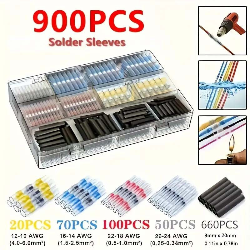 900-Piece Solder Seal Wire Connector Kit – Heat-Shrink Butt Connectors, Waterproof Electrical Terminals for Auto, Marine & DIY Wiring, No-Crimp Quick Fix, Ideal for Car, Boat & RV