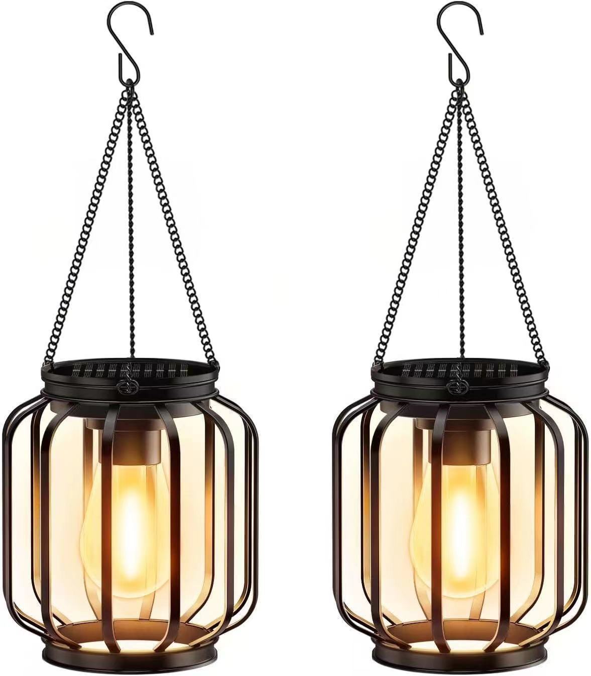 2-Pack Solar-Powered Outdoor Hanging Lanterns – IP65 Waterproof, Automatic On/Off Switch, Black Retro Metal Design with Built-in Solar Panel, for Porch, Garden & All-Season Use