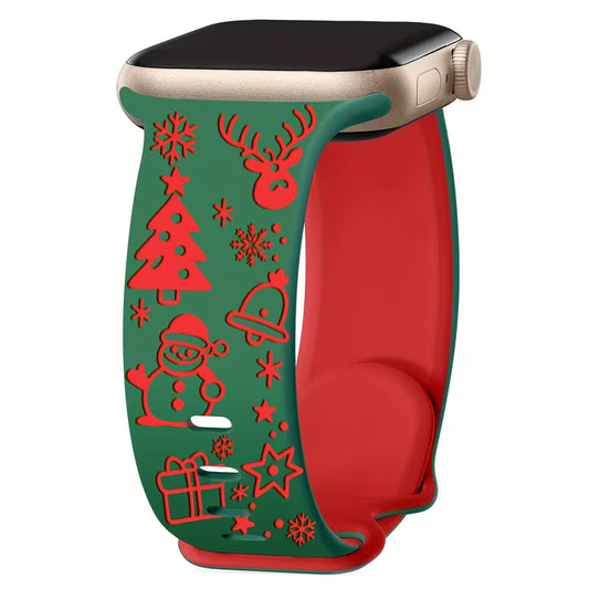 2 pcs Christmas Silicone Watch Strap – Two-Tone Snowman & Reindeer Design, Compatible with Apple Watch 42-49mm