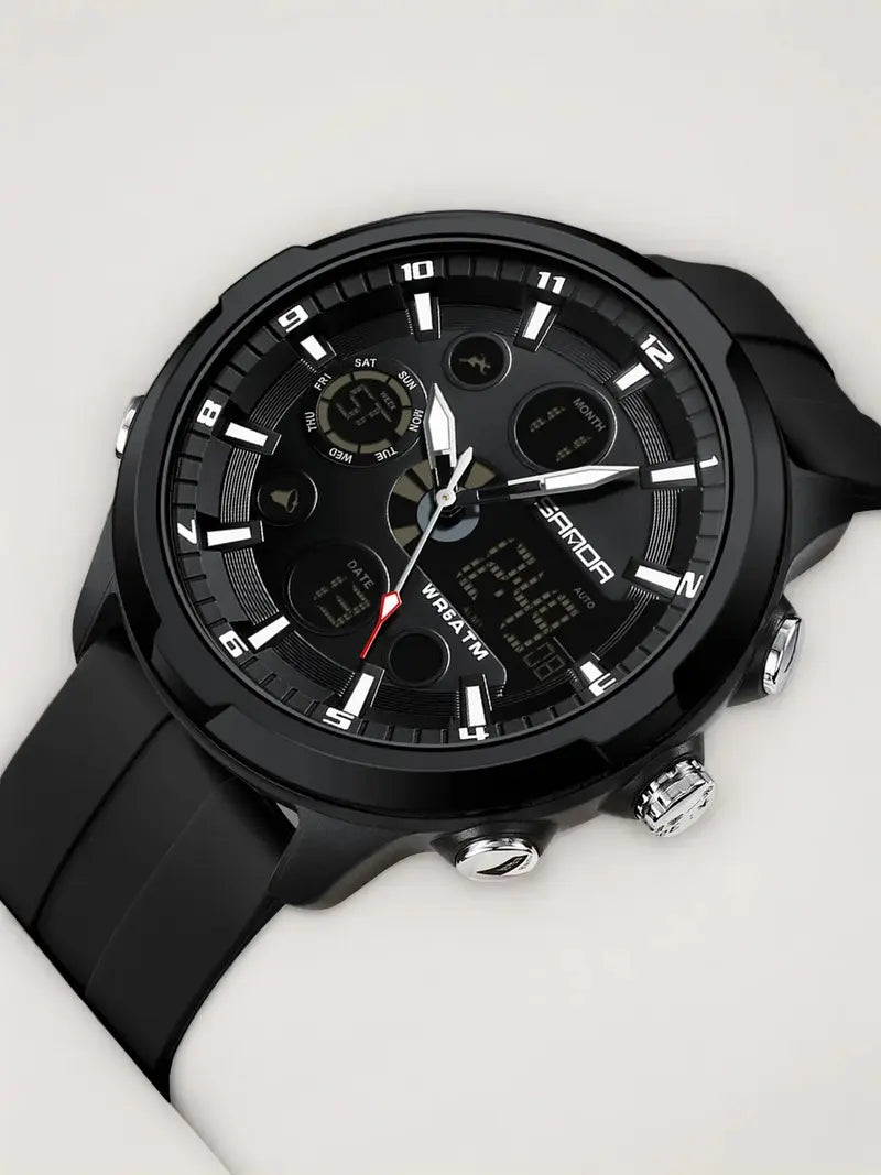 Men's Fashion Quartz Analog Digital Watch - Casual Round Dial with Luminous Alarm, Water Resistant Multifunctional Wristwatch with Box