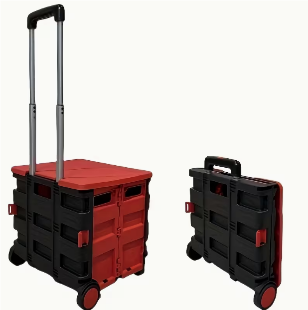 Heavy-Duty Collapsible Rolling Cart with Plastic Wheels & Blue Lid Seat – 80 lbs Capacity, Plastic Crate Converts for Transport & Seating, Ideal for Teachers & More