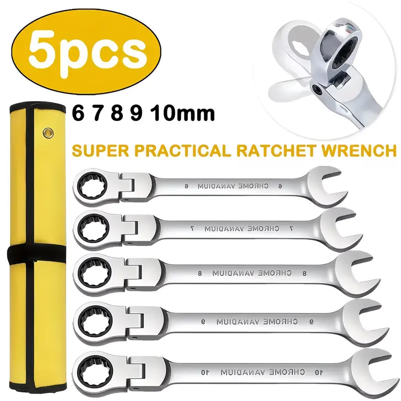 5-Piece Double-Ended Adjustable Ratchet Wrench Set - Metric 6-10mm, 72 Teeth, CR-V Steel with Storage Bag for Home, Car and Machinery