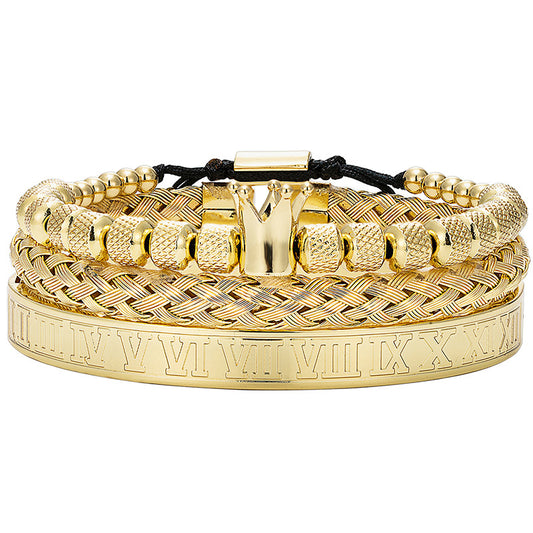 Elegant Men's Braided Bracelet – Crown & Roman Numeral Decor, Fashionable Accessory for Party & Daily Styling, Great Birthday Gift