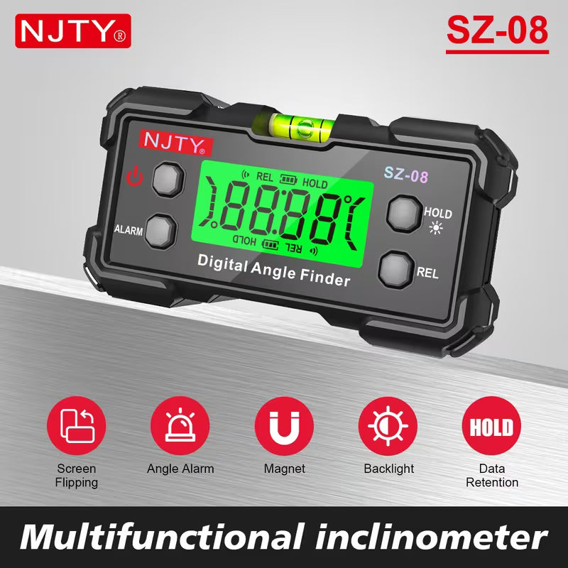 NJTY Digital Inclinometer SZ-08 – High Precision Electronic Level, Backlit, Dual-Sided Magnetic, Angle Alarm