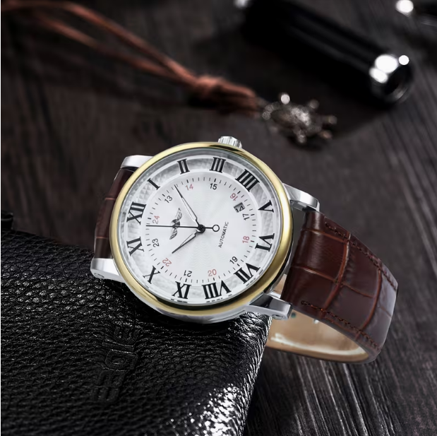 Classic Business Automatic Mechanical Men's Watch – Luminous Hands, Calendar, White Dial, No Battery Required