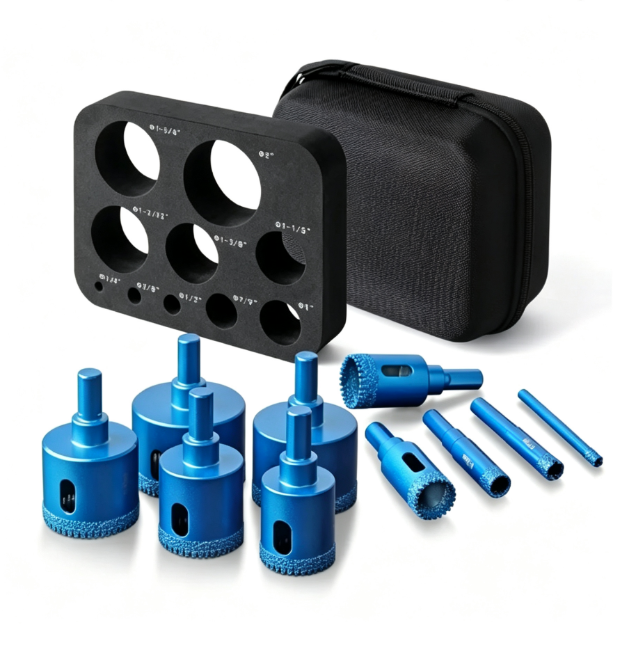 10-Piece Brazed Diamond Hole Saw Kit - Serrated Tile Core Drill Bits with EVA Mold and Hard Storage Bag for Dry Cutting