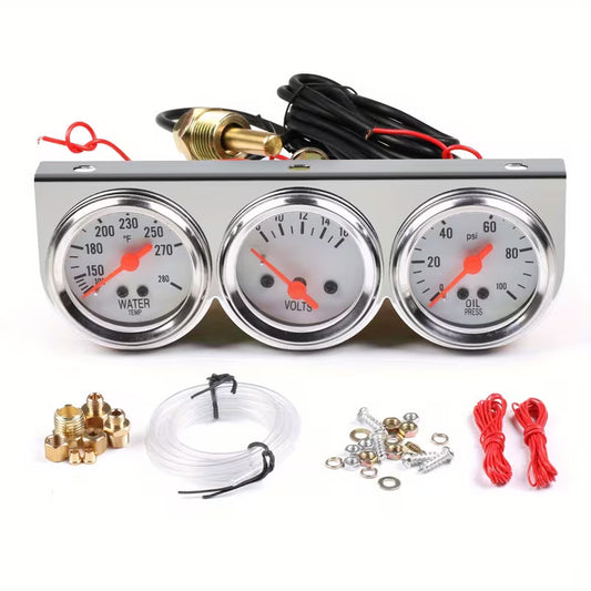 Chrome 3-in-1 Triple Gauge Kit – 2" 52mm with Oil Pressure, Water Temp & Ammeter, White Face