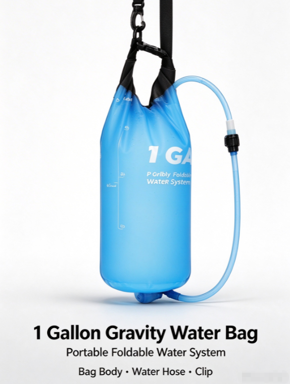Gravity Water Bag 1 Gallon – Collapsible Camping Filter Bag with Hose & Clip for Hiking & Survival