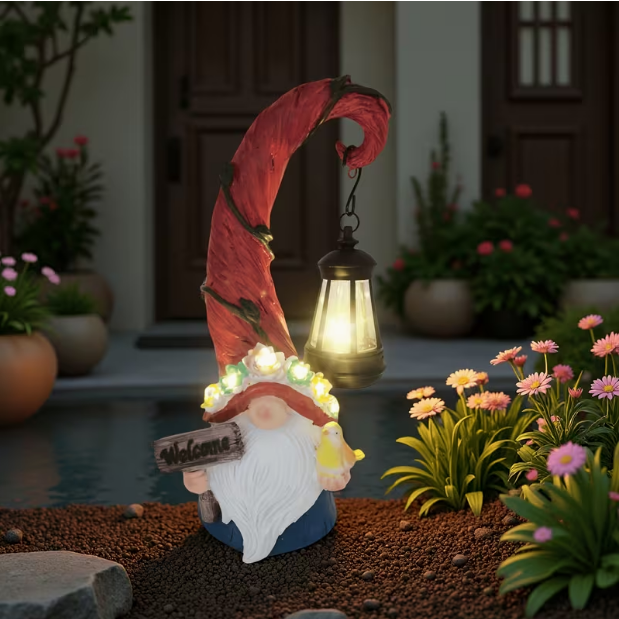 Indoor/Outdoor Solar-Powered LED Gnome Statue with Lantern – Resin Figurine, IP44, for Patio, Porch & Garden Decoration