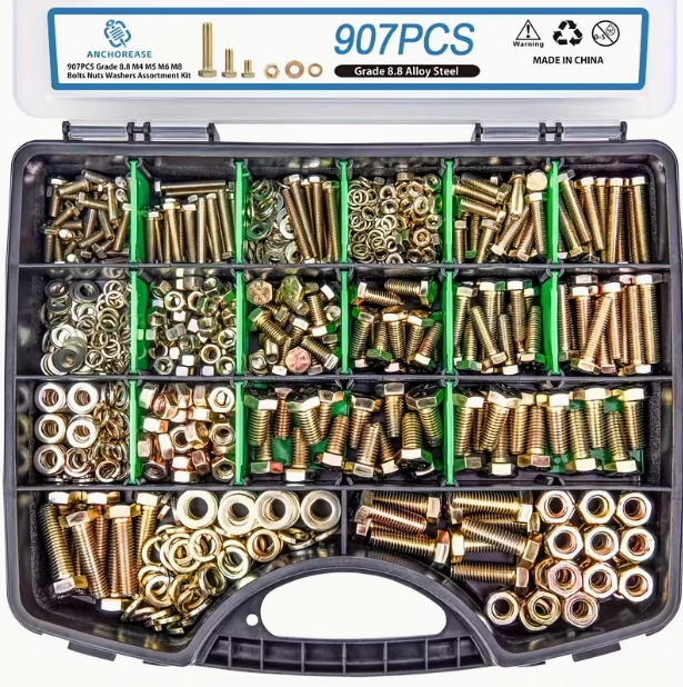 907pcs of 8.8 Grade Metric Bolt Kit, M4 M5 M6 M8 Heavy-Duty Hexagonal Bolt And Nut Washer Kit, Plated Yellow, Length 12-30Mm