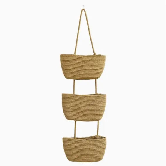 Handmade Woven Cotton 3-Tier Over-the-Door Basket – Wall-Mounted Jute Storage Organizer, Decorative Nursery Baskets for Diapers & Toys