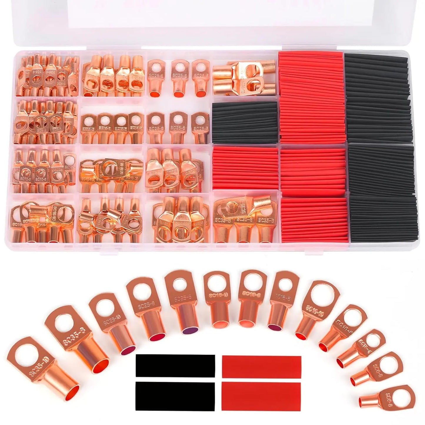 260-Piece Terminal Connector Kit – Copper Wire Lugs, Heat Shrink Tubing & Ring Terminals for AWG 12–2 Cable, Includes 120 Battery Lugs & 140 Heat Shrink Tubes