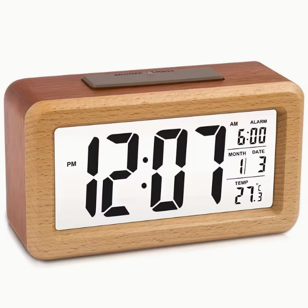 Wooden Large LED Digital Alarm Clock – Smart Sensor Night Light, Snooze, Date & Temperature Display, 12/24-Hour Switchable