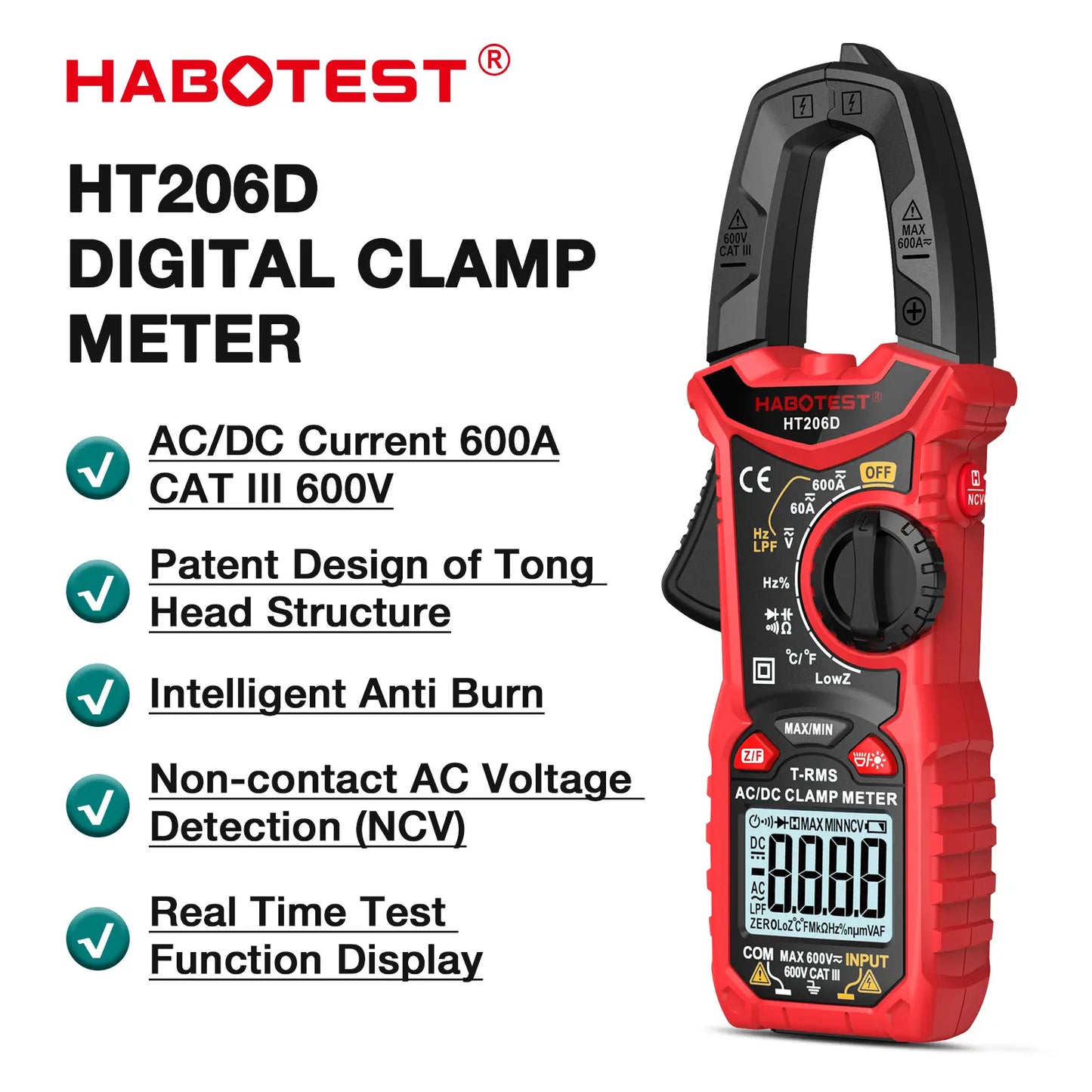 HABOTEST HT206D Digital Clamp Meter - 600A AC/DC Current, Two-Color Backlight, NCV Voltmeter Ammeter