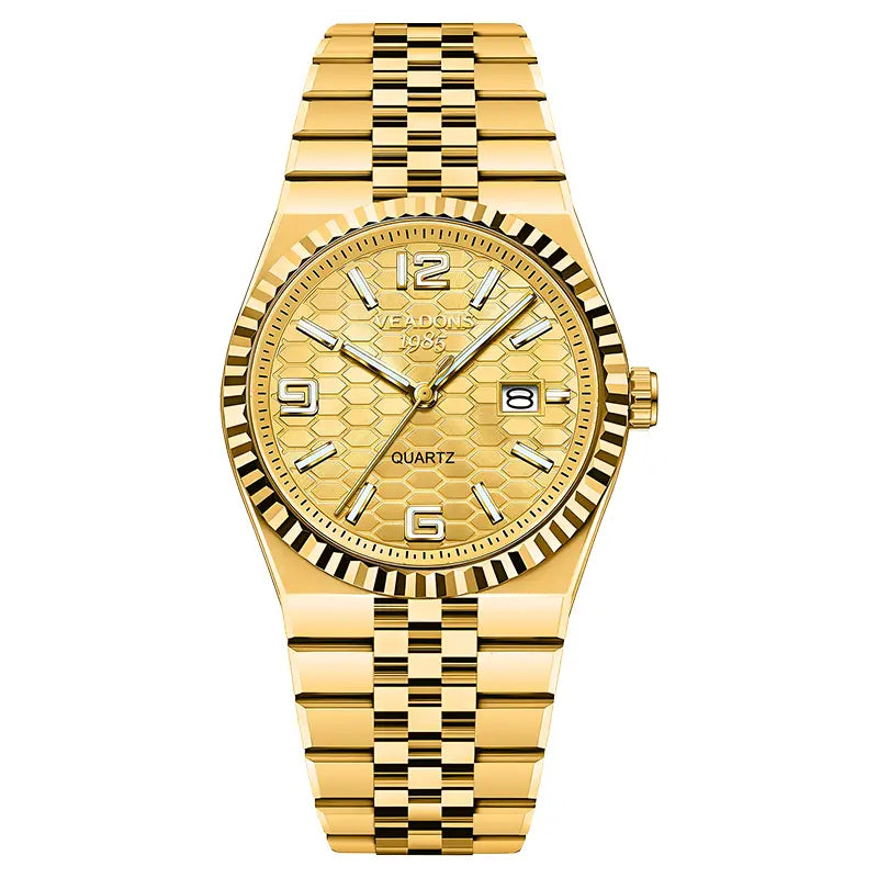 Men's Diamond-Accent Quartz Watch – Luminous Date Display, 3D Grid Dial, Waterproof, Gift Box – Business Casual Style