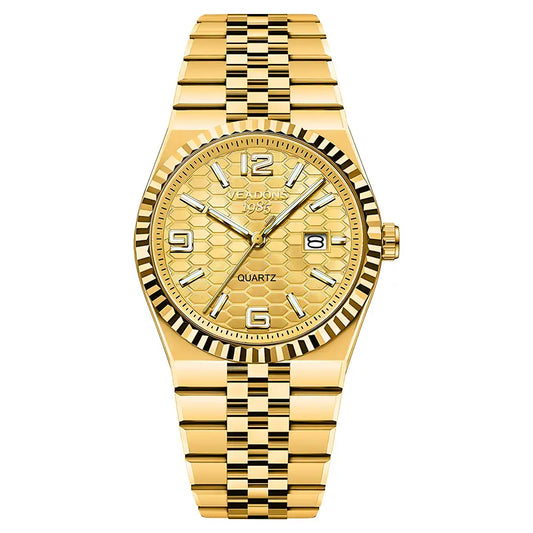 Men's Diamond-Accent Quartz Watch – Luminous Date Display, 3D Grid Dial, Waterproof – Business Casual Style