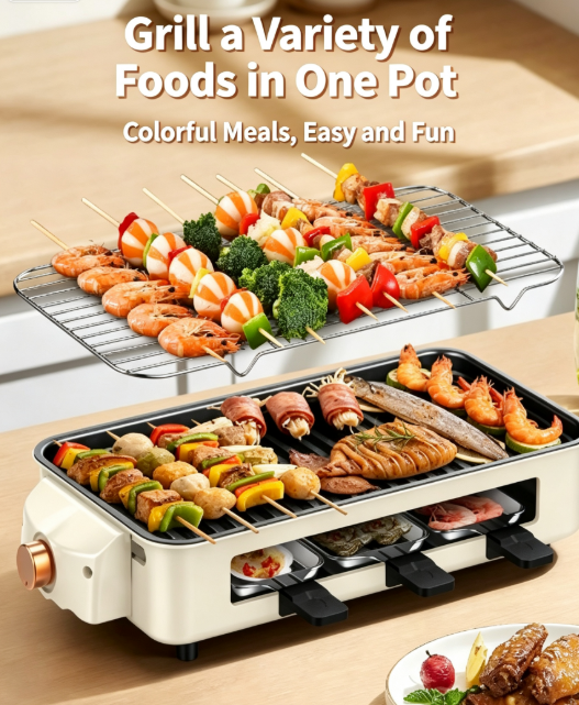 Multifunctional Split Electric Grill Pan - Large Non-Stick Smokeless BBQ Griddle for Home Barbecue