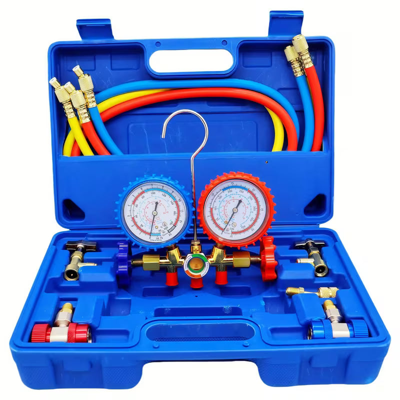 Air Conditioning Manifold Gauge Set – R134a/R12/R22/R404A, 3-Channel with Anti-Vibration Design