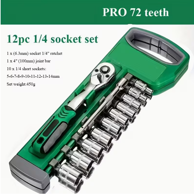 12-Piece Socket Wrench Set with Ratchet Handle – 72-Tooth, Dual-Direction, Professional Repair Tool