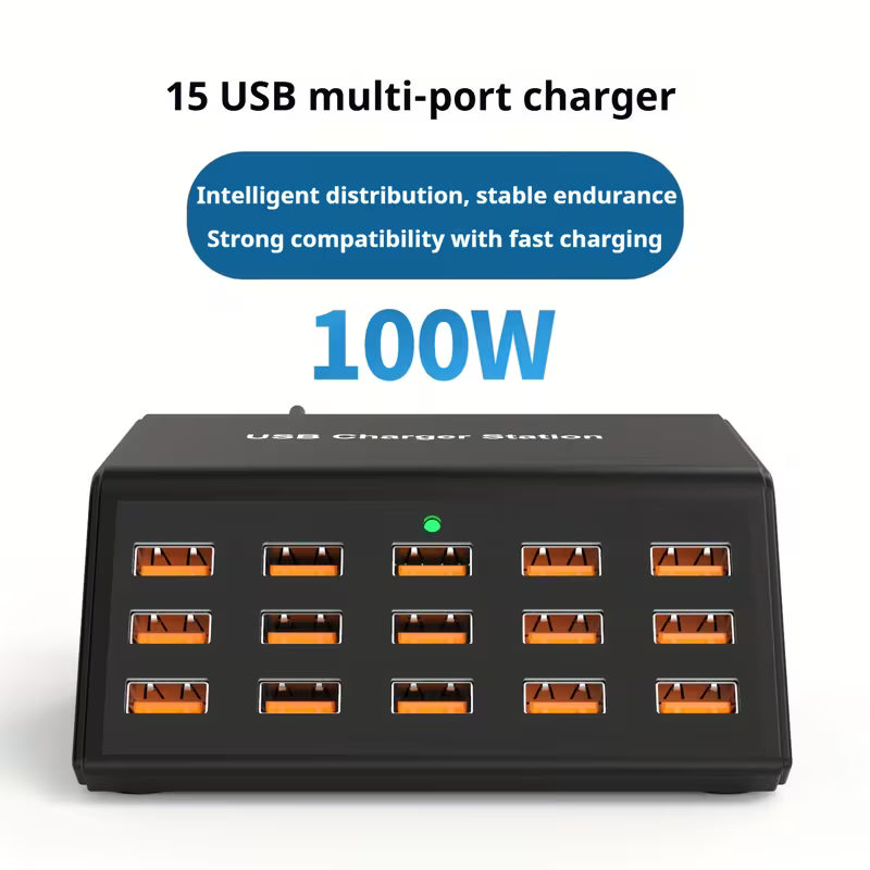 100W Charging Station – 15 USB Ports, Fast & Safe Charging for iPhone, Samsung, Android & Tablets