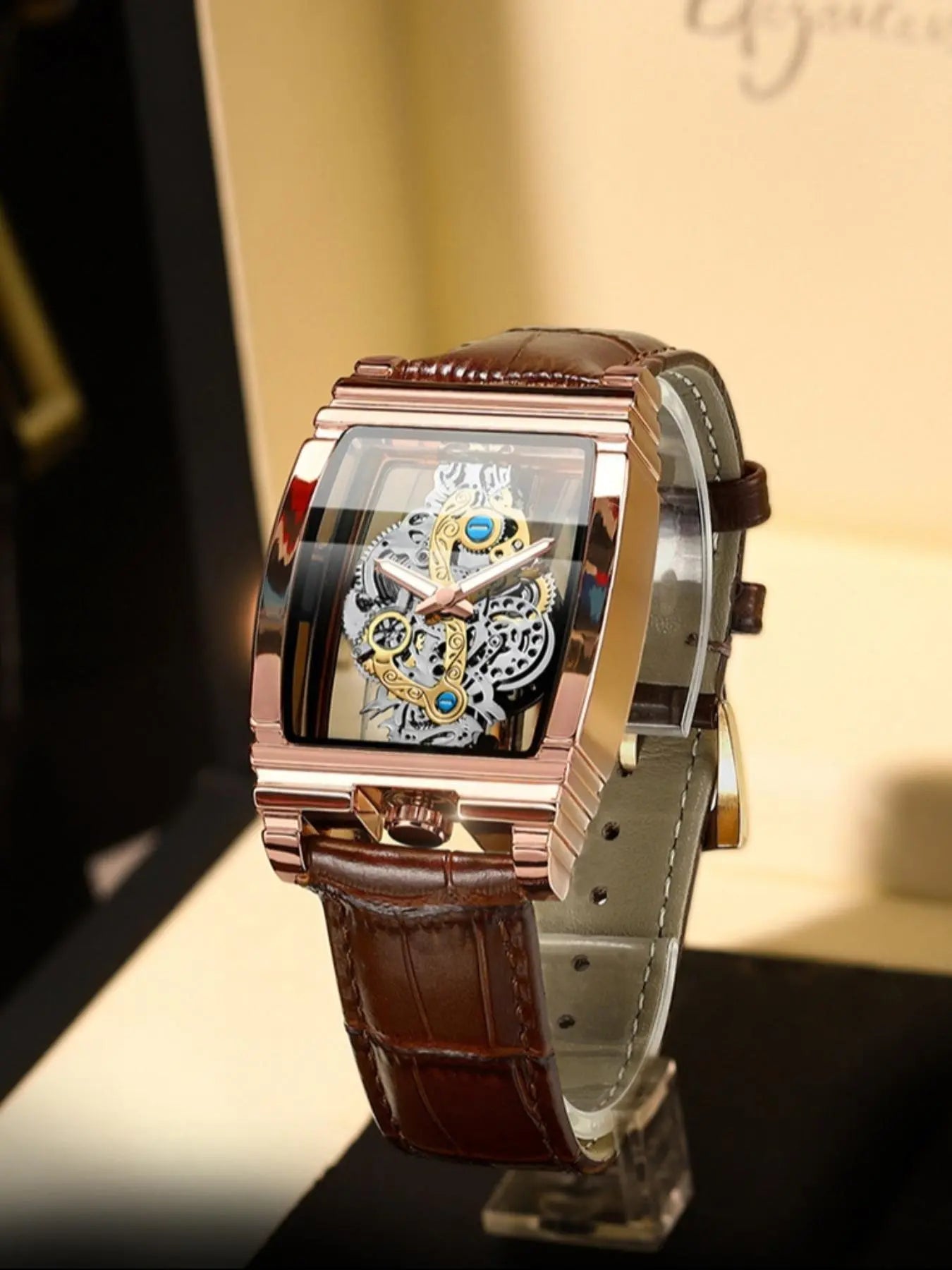 Men's Punk Barrel-Shaped Leather Analog Quartz Watch – Mechanical Style, Versatile for Party & Daily Wear, Great Birthday Gift