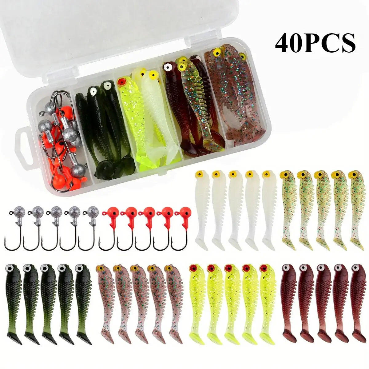40-Piece Soft Fishing Lure Kit - 5cm Jig Head Hooks with Tackle Box for Pesca Bait Fishing