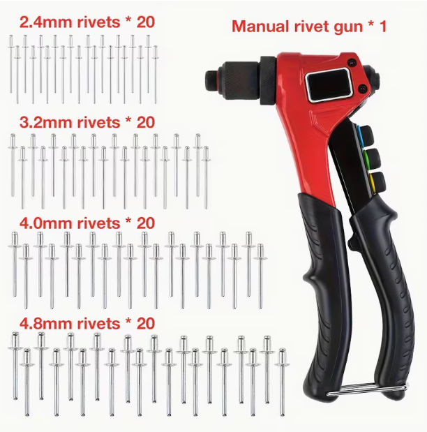 4-in-1 Manual Rivet Gun Set – 2.4-4.8mm, 4 Replaceable Heads, 80 Rivets Included, for Plastic, Metal & Leather, One-Hand Operation