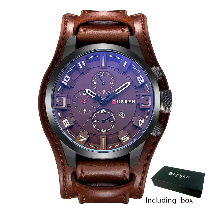 CURREN Men's Leather Strap Sports Watch - Date Display, Large Dial, Outdoor Casual Wristwatch