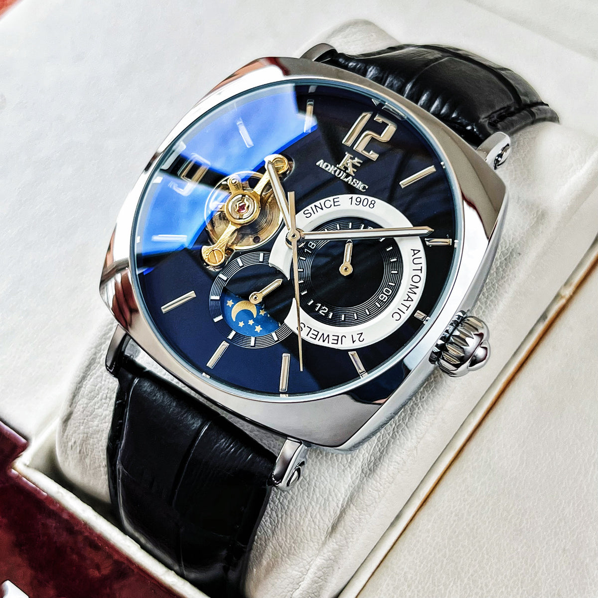 Elegant Men's Mechanical Watch – Retro Square Skeleton Dial, Alloy Case, Automatic Winding, Business Style, Analog Display, Battery-Free