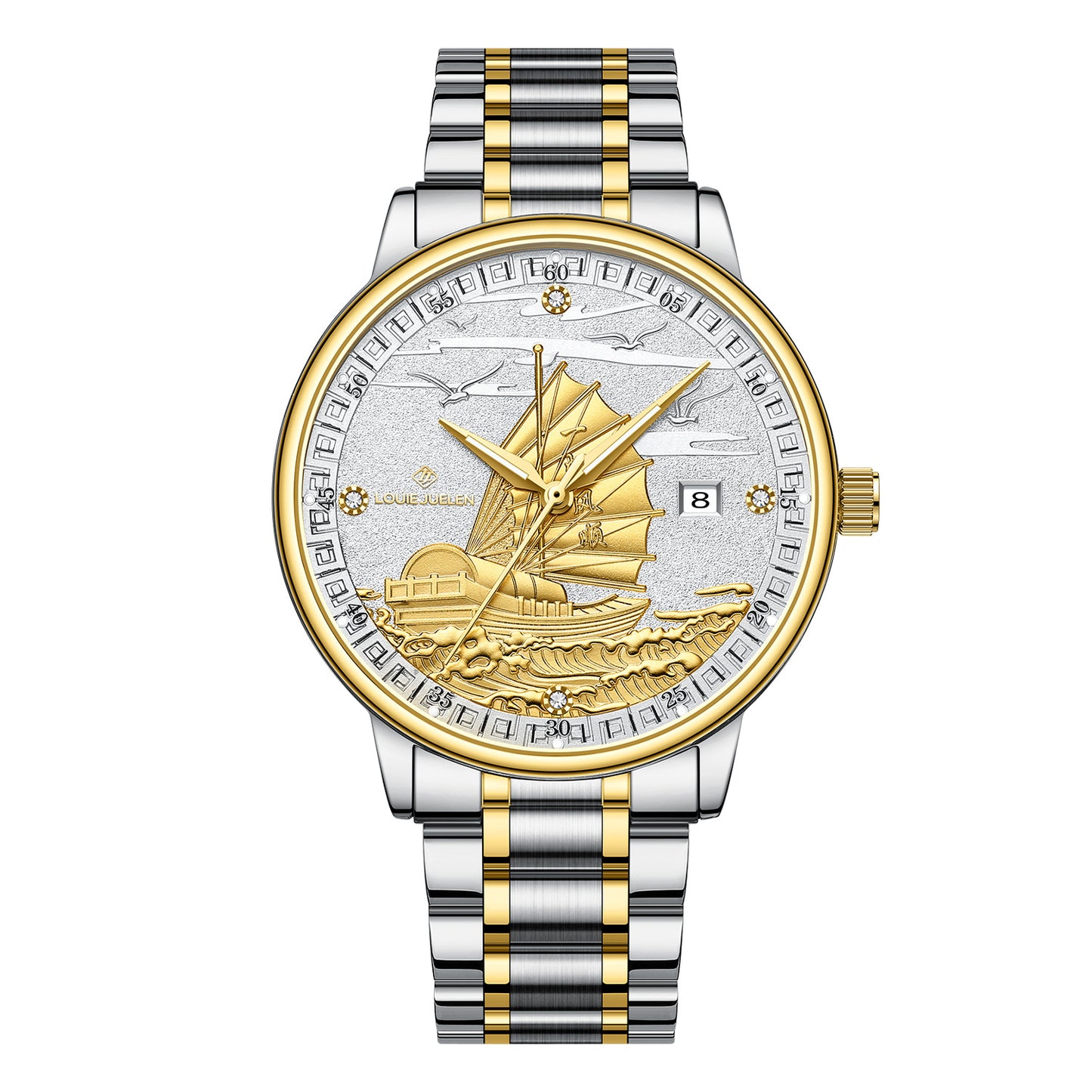 Men's Swiss Luxury Watch – 42mm Stainless Steel Case, Hand-Carved Sailing Ship Dial, Precision Movement