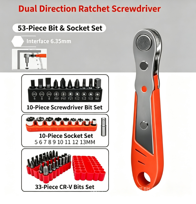 53-Piece Dual Direction Ratchet Screwdriver Bit and Socket Set - 6.35mm Multi-Size Repair Tool Kit