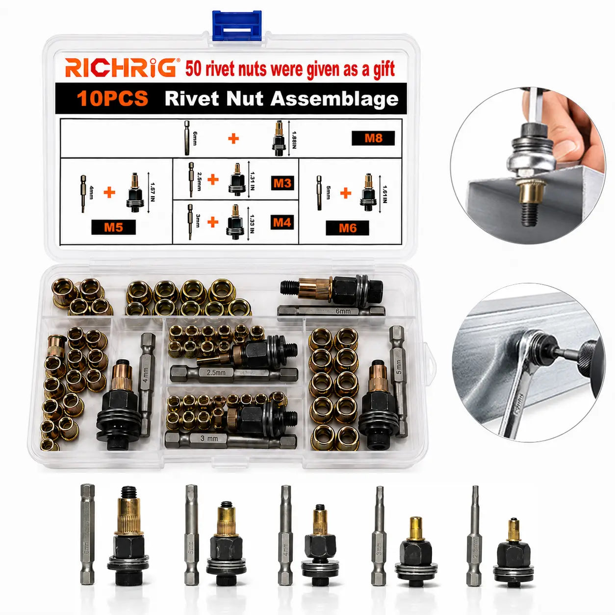 Head Rivet Nut Tool Kit - M3 M4 M5 M6 M8 Carbon Steel Rivnut Set, Manual Threaded Rivet Nut Tool for Automotive Repair