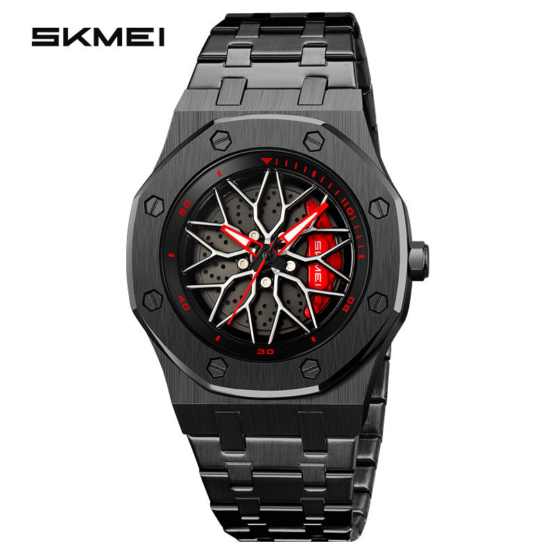 Men's Car Wheel Watch - Stainless Steel Spinning Rim Design, Japanese Quartz, Water Resistant for Car Enthusiasts