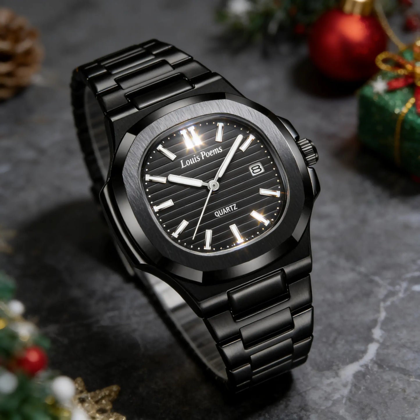 Louis Poems Nautilus Men's Business Fashion Watch - Pure Black Analog Quartz, Water Resistant, Elegant Wristwatch
