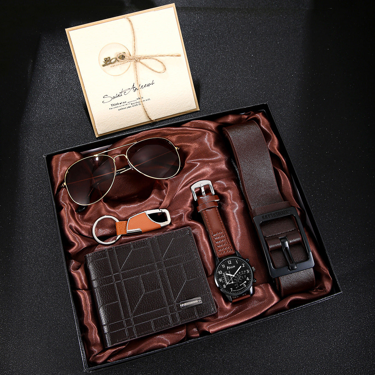Men's Business Fashion Casual Watch Gift Set - Includes Wallet (Random Style), Sunglasses, Keychain, Cufflinks, Tie Clip and Gift Box, Birthday Accessory Set for Men