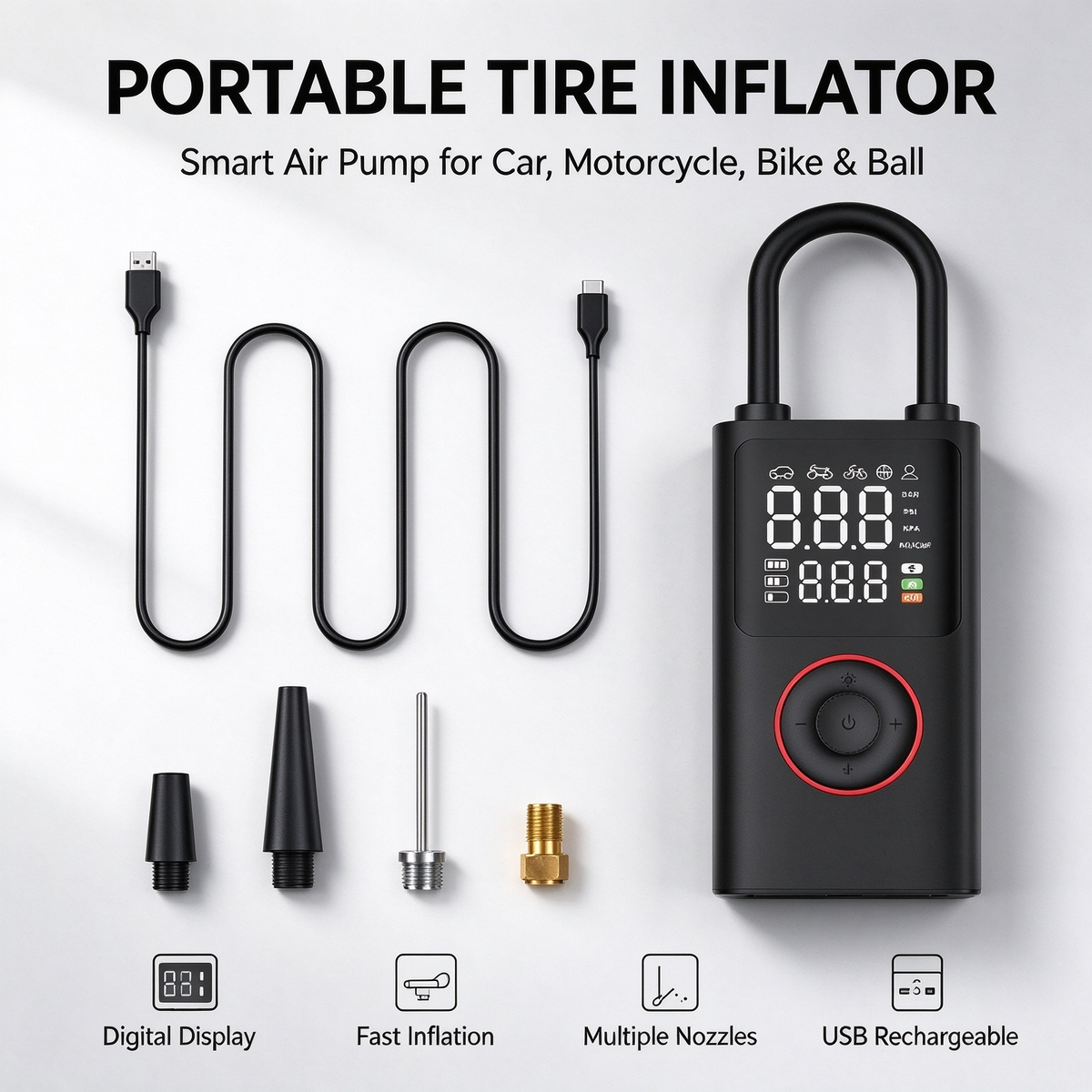Portable Car Air Pump - Lithium Battery Model for Car, Bicycle & Electric Tires, Handheld Cordless Air Pump with Fast Inflation