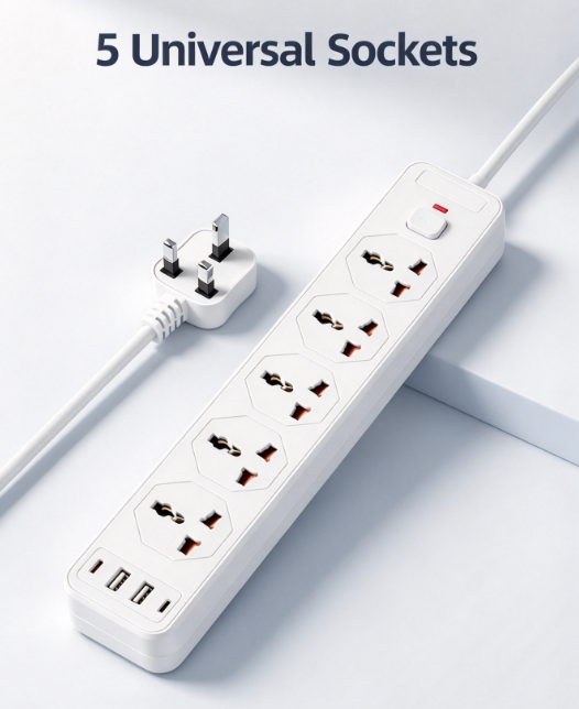 New Universal Power Strip with USB - 5 Sockets + 2 USB-A + 2 Type-C with Master Switch