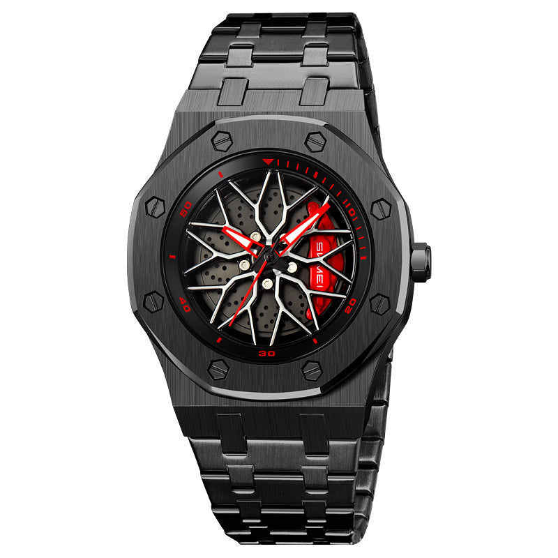 Men's Car Wheel Watch – Stainless Steel, Spinning Rim Hub Design, Japanese Quartz Movement, Water & Scratch Resistant, Carbon Fiber Racing Dial – Great Gift for Car Enthusiasts
