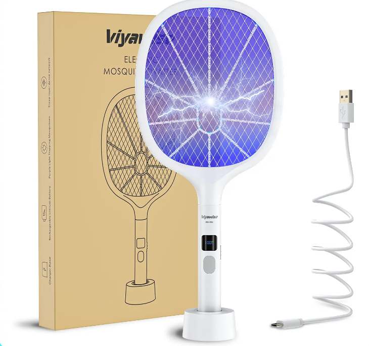 Rechargeable LED Bug Zapper, Indoor & Outdoor Electric Mosquito Swatter with Large Mesh, LED Display, Safe for Home Use