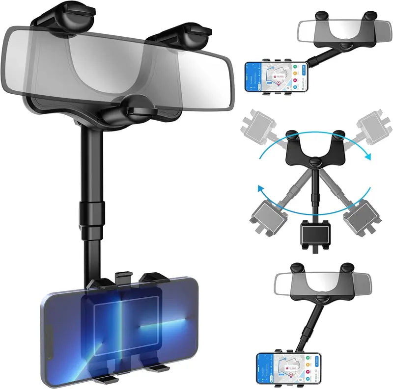 Car Phone Holder for Rearview Mirrors - 360° Rotatable and Retractable, Multifunctional Mobile Phone Mount for Any Vehicle
