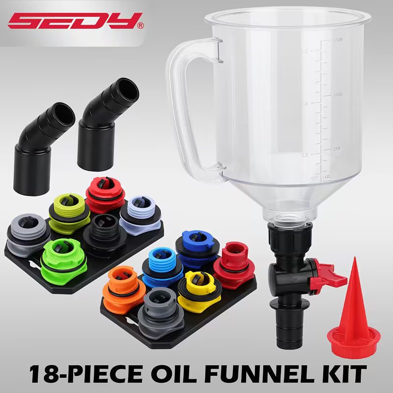 18Pcs Spill-Proof Oil Funnel Kit – 1.59 Qt Funnel with 12 Adapters & Magnetic Storage Hook Tray