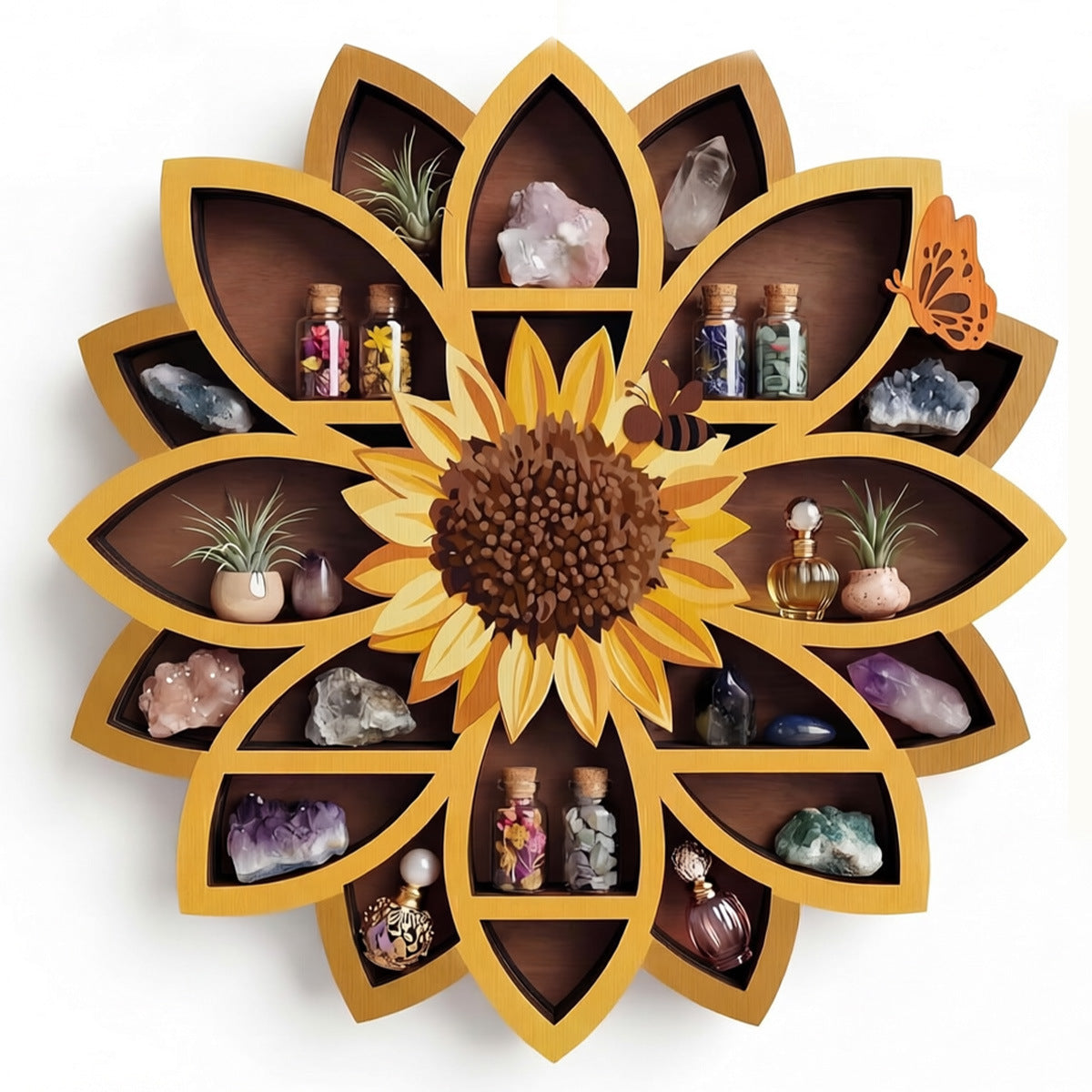 Wooden Sunflower Floating Shelves – Wall-Mounted Organizer with UV-Printed Spiritual Decor, Gemstones, Essential Oils & Meditation Art, Multi-Functional Storage for Living Room & Meditation Space
