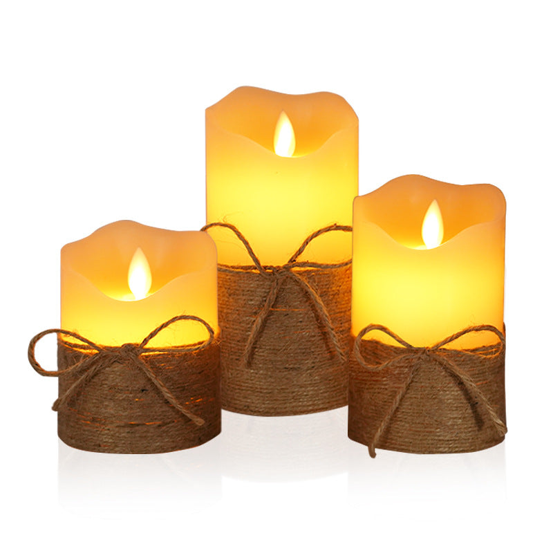 3-Pack Flameless LED Candles with Remote Control – Flickering Warm Light, Hand-Tied Jute Rope, Battery-Powered, for Romantic Atmosphere & Home Decoration