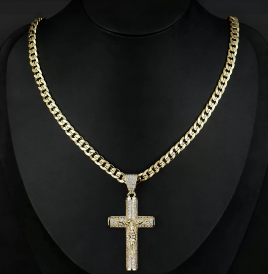 Cross Necklace for Men with Jesus Crucifix Pendant - 24" Cuban Figaro Rope Miami Chains