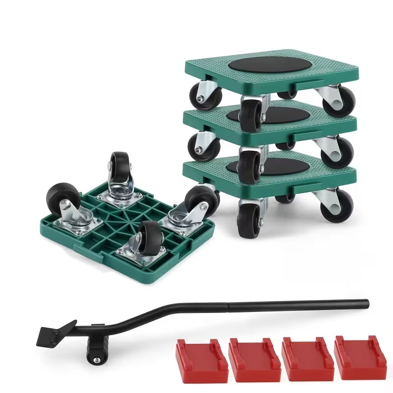 Furniture Dolly with 4 Wheels & Lifting Kit – 360° Rotation, 800lbs Capacity with Pry Bar & Jack