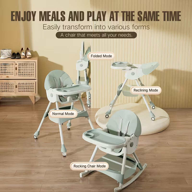 Adjustable Children's Dining Chair – Multifunctional, Portable, PU Leather, Blue/White, 5-Point Belt & Tray